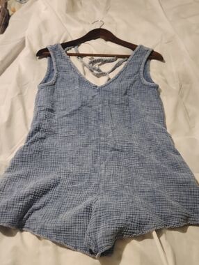 Light Blue Textured V-Neck Sleeveless Overall